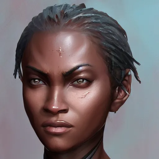 Prompt: beautiful, very strong, african american, female, middle aged, face, no makeup, no tattoos, warrior, battle hardened, head shot, fantasy, highly detailed, digital painting, artstation, concept art, smooth, sharp focus, illustration, art by jodie muir and brom