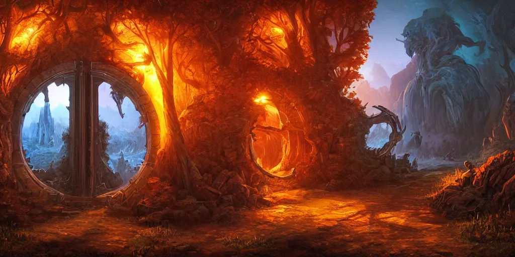 Image similar to fantasy world portal by Dan Mumford dramatic lighting, cinematic establishing shot, extremely high detail, photorealistic, cinematic lighting