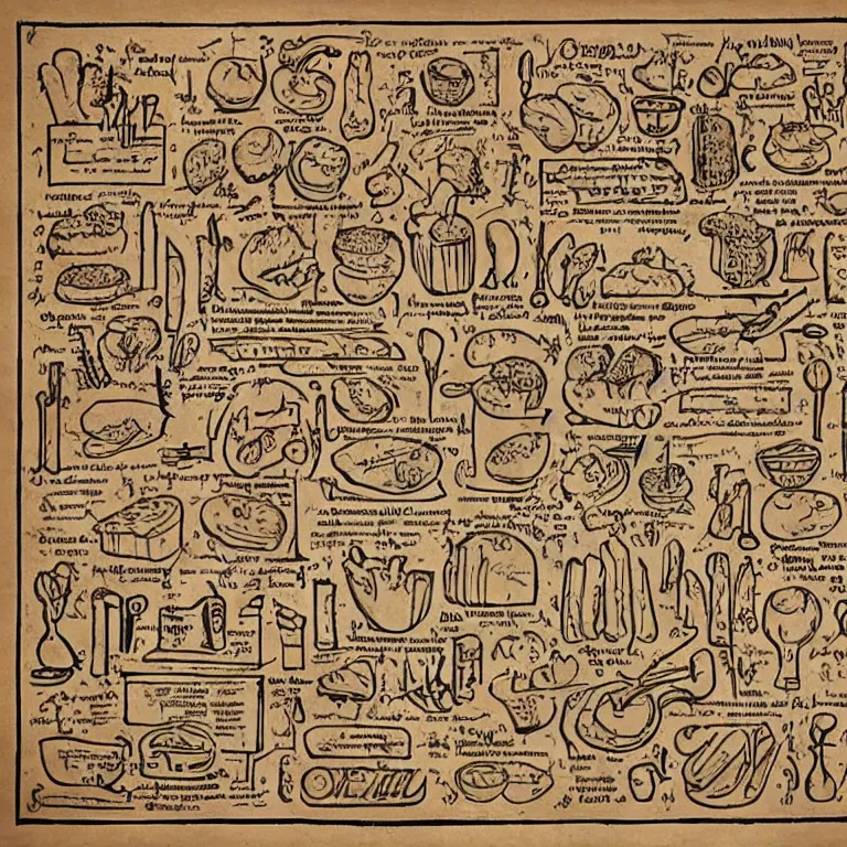 Prompt: ( ( ( ( illustrated recipe for a bigmac hamburger ) ) ) ) lot of medieval enluminures in the background explaining the recipe, schematic in a notebook