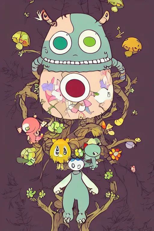 Image similar to A cute little monster in a misty forest art style by Takashi Murakami, Trending on artstation, artstationHD, artstationHQ, 4k, 8k