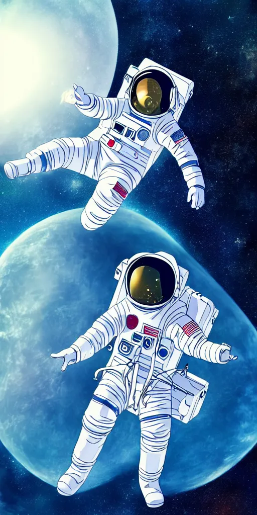 Image similar to female astronaut floating through space, liminal, lonely, anime movie, highly detailed