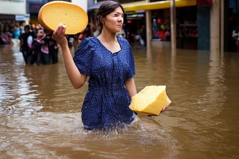 Image similar to closeup portrait of a woman carrying a wheel of cheese over her head in a flood in Rundle Mall in Adelaide in South Australia, photograph, natural light, sharp, detailed face, magazine, press, photo, Steve McCurry, David Lazar, Canon, Nikon, focus