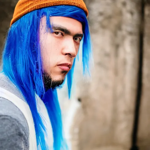 Image similar to rimuru tempest, young man blue hair, canon eos r 3, f / 1. 4, iso 2 0 0, 1 / 1 6 0 s, 8 k, raw, unedited, symmetrical balance, in - frame