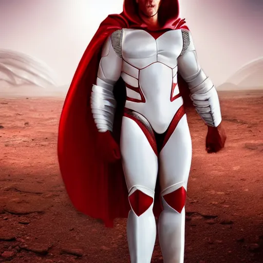 Prompt: portrait of a tall muscular infantry man in glossy sleek white armor with tiny red details and a long red cape, heroic posture, determined expression, on the surface of mars, night time, dramatic lighting, cinematic, sci-fi, hyperrealistic, movie still