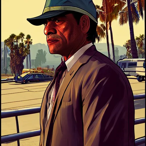 Prompt: hipolito mejia in gta v, cover art by stephen bliss, artstation, no text