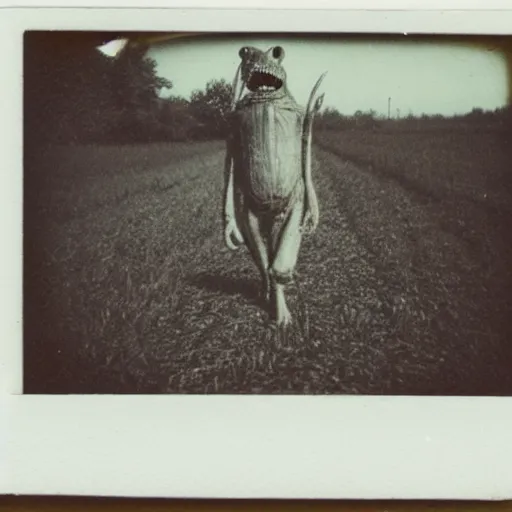 Image similar to an old polaroid of a creepy monster in a cornfield