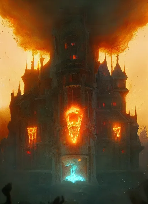 Image similar to shubniggurath destroying a glowing mansion in burning vapor dramatic lighting fantomatic head and faces floating catching fire, artstation, matte painting, bastien lecouffe deharme, aykut aydogdu, allen williams, artem chebokha