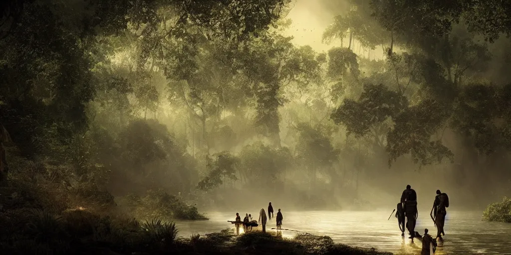 Prompt: muslim adventurers walking along the river bank in a kerala forest, an epic fantasy, dramatic lighting, cinematic, extremely high detail, photorealistic, cinematic lighting, matte painting, artstation, by Christopher Nolan, horizon forbidden west