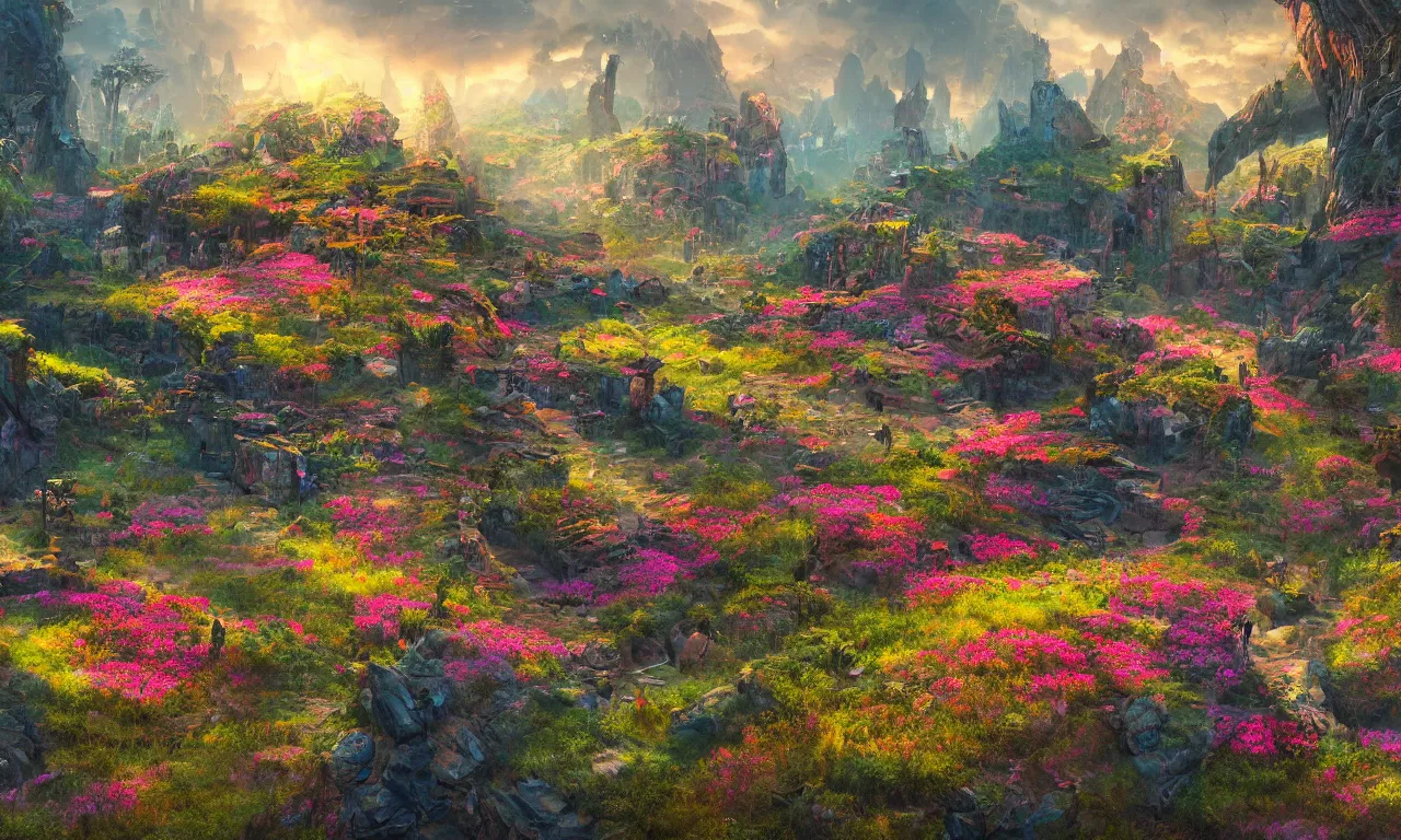 Prompt: a beautiful neon rock city landscape, vivid colors, high details, overgrown with wildflowers, cinematic, epic scale, 8k resolution, beautiful detailed, photorealistic, digital painting, dark atmosphere, artstation, concept art, smooth, sharp focus, illustration, fantasy background, artstation trending, octane render, unreal engine
