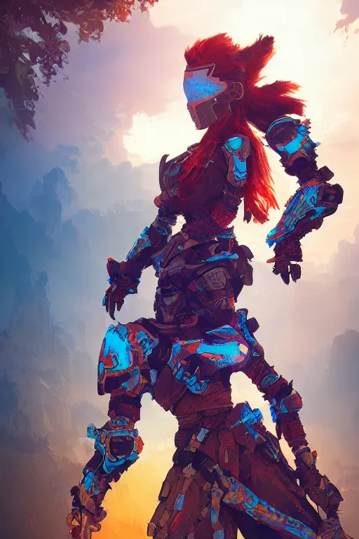 Image similar to combination suit armor aloy horizon forbidden west horizon zero dawn radiating a glowing aura global illumination ray tracing hdr fanart arstation by ian pesty and alena aenami artworks in 4 k tribal robot ninja mask helmet backpack