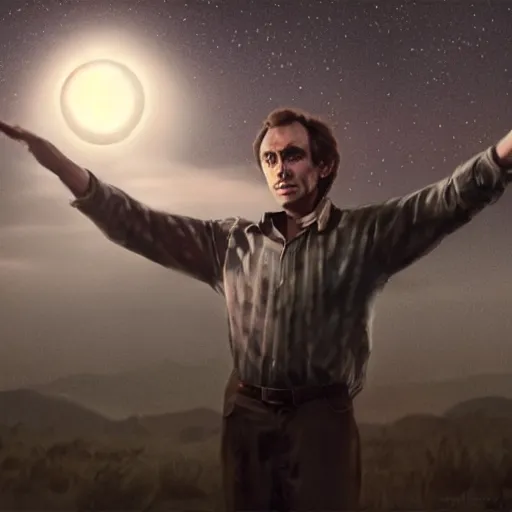 Image similar to the image of ted bundy with outstretched arms between the moon and the sun and a thousand stars ultra realistic, concept art, intricate details, serious, highly detailed, photorealistic, octane render, 8 k, unreal engine, art by todd mcfarlane and artgerm and greg rutkowski and alphonse mucha