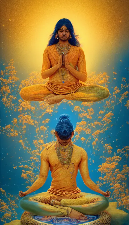 Image similar to indian master, meditation, gold light, blue mist, universe, floral dream, highly detailed, digital painting, refreshing, trending on artstation, octane render, hyper realistic, illustration by james jean