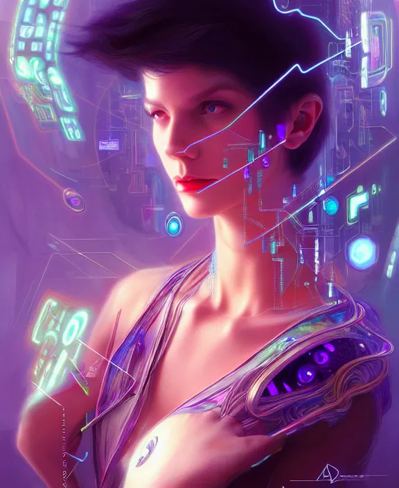 Image similar to a whirlwind of souls rushing inside the metaverse, hologram, half body, neurochip, shaved temple, piercing, jewelry, android, cyborg, cyberpunk face, by loish, d & d, fantasy, intricate, elegant, highly detailed, colorful, digital painting, artstation, concept art, art by artgerm and greg rutkowski and alphonse mucha