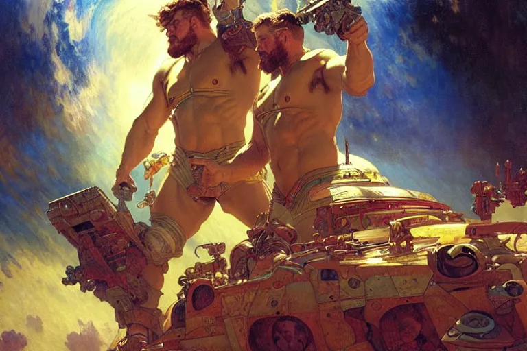 Image similar to beefy attractive men in spaceship, painting by gaston bussiere, craig mullins, greg rutkowski, alphonse mucha