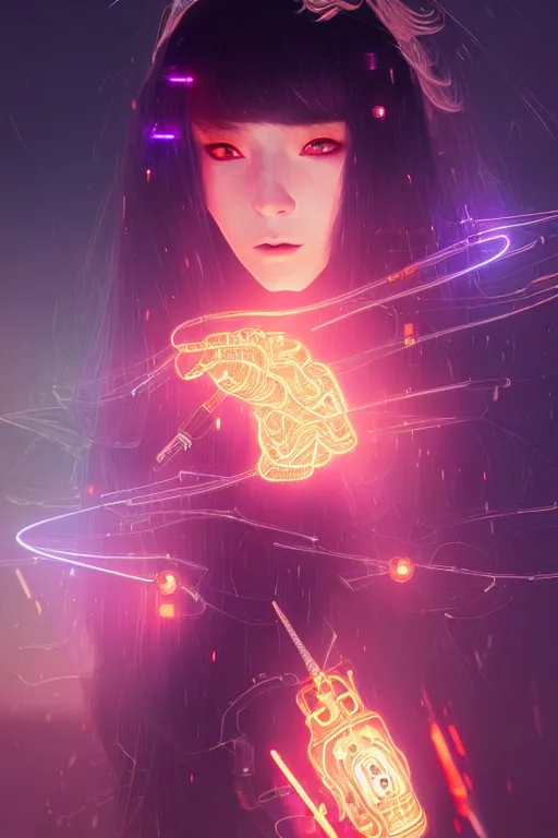 Image similar to portrait futuristic wizard Girl with thunder and fire sparkles and starlight, n future cyberpunk tokyo rooftop , ssci-fi, fantasy, intricate, very very beautiful, elegant, human anatomy, human structure, neon light, highly detailed, digital painting, artstation, concept art, smooth, sharp focus, illustration, art by tian zi and WLOP and alphonse mucha