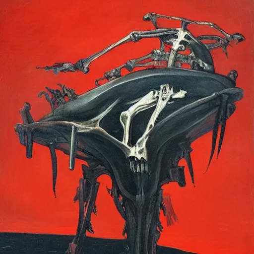 Prompt: A dark figure trapped inside a whale skeleton swimming in the sea by Francisco Goya and Francis Bacon, vibrant red background, mythological painting, oil painting, triadic color scheme, very coherent, Figure seated on a throne of marble, whale skeleton, Beksinski painting