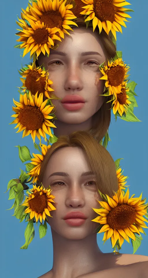 Prompt: cinema 4d colorful render, organic, ultra detailed, of a painted realistic face with growing sunflowers, ultra detailed, 8k post-production