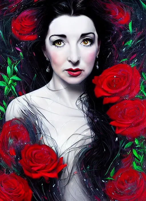 Prompt: portrait of kate bush against a neon multicolored background, lush black hair, pale skin, white and red roses, flowing material, intricate, beautiful cinematic lighting, stunning painting by artgerm, caravaggio, android jones, wadim kashin, annie leibovitz