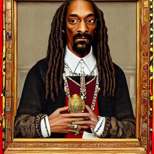 Image similar to a highly detailed portrait of snoop dogg, wearing elegant tudor clothes, inside a room with thick red tapestries, oil painting by hans holbein and alessandro allori and richard burbage