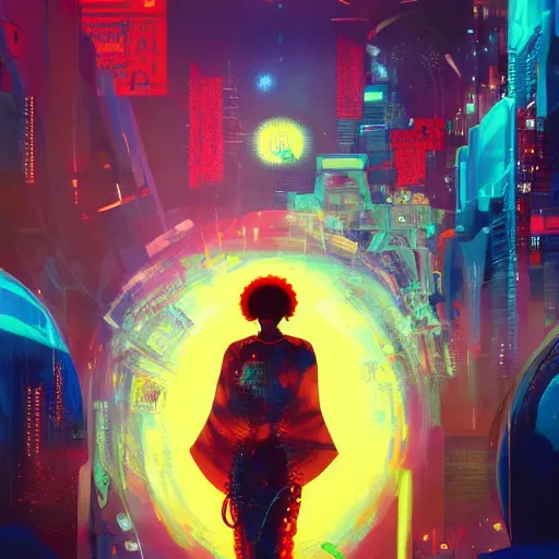 Image similar to afro - cyberpunk deities unseen amongst their creations, a society manifesting dreams with cosmic ancestral magic in a post - modern techno world | hyperrealistic oil painting | by makoto shinkai, ilya kuvshinov, lois van baarle, rossdraws, basquiat | afrofuturism, in the style of surrealism, trending on artstation, | red and black color palette