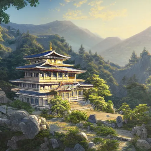 Image similar to concept art painting of a marble temple on top of a mountain, with greek and japanese architecture, overlooking a village in a valley, early morning, realistic, detailed, cel shaded, in the style of makoto shinkai and greg rutkowski and albert bierstadt and james gurney