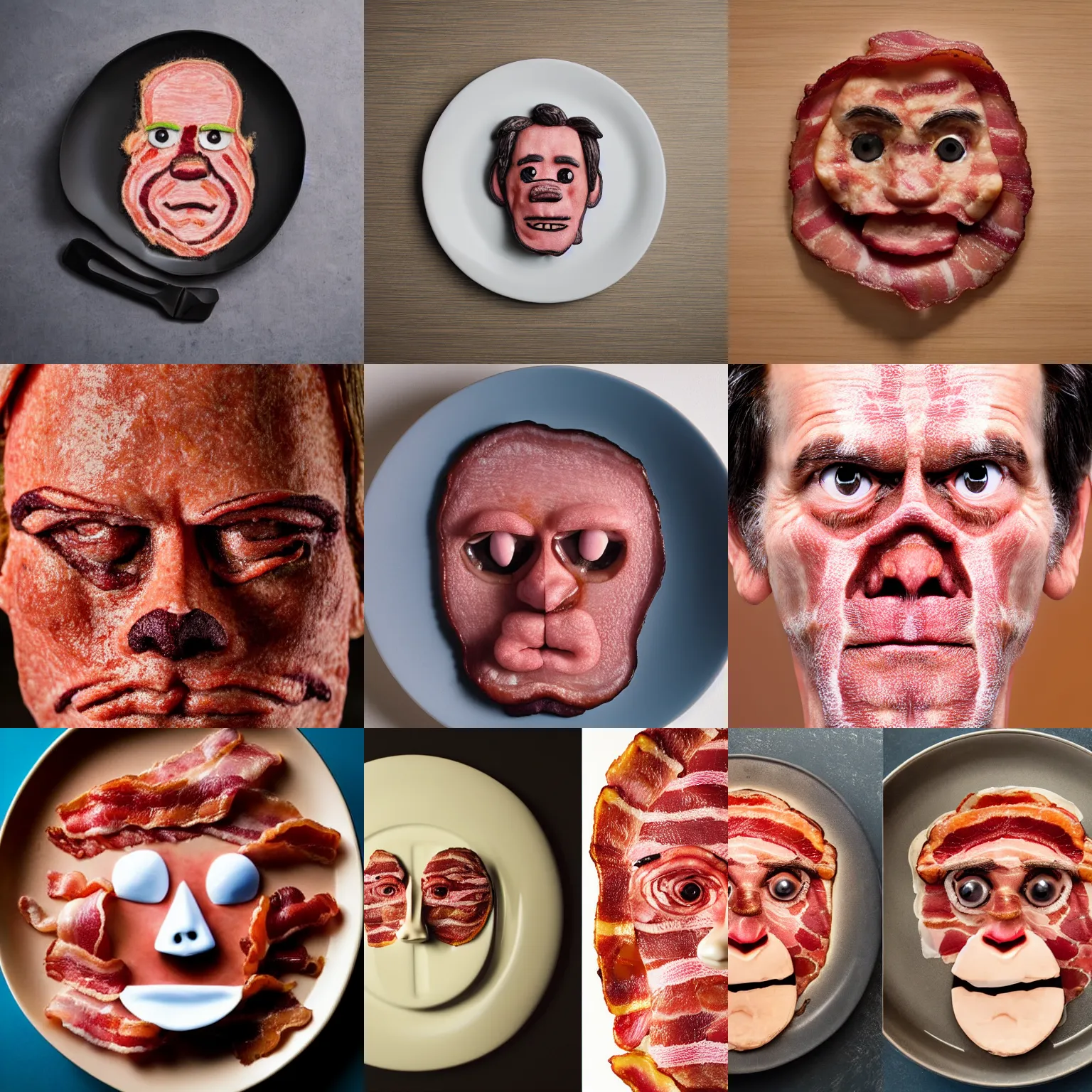 Image similar to bacon face that looks like kevin bacon, dish, top view, sigma 8 5 mm