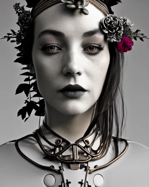 Image similar to monochrome 3 d model, steampunk biomechanical beautiful young female cyborg with porcelain profile face and a big floral eye, volumetric light, leaves foliage and stems, hibiscus flowers, boho floral vines, sinuous fine roots, fine foliage lace, alexander mcqueen, rim light, big gothic fashion pearl embroidered collar, octane render, 8 k