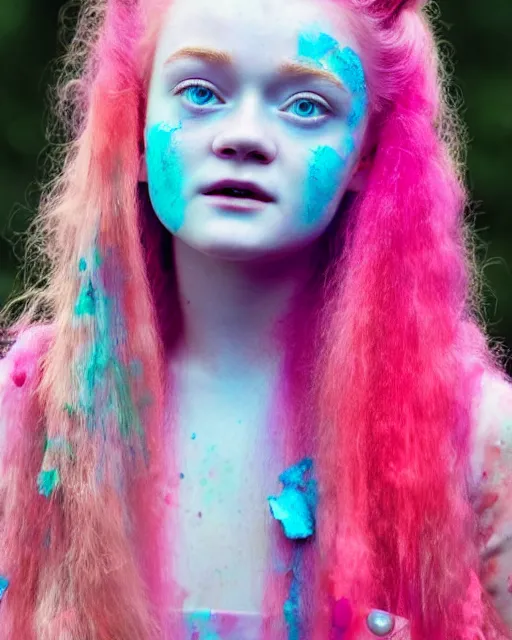 Prompt: a dramatic lighting photo of a beautiful young woman sadie sink with cotton candy hair. paint splashes. with a little bit of cyan and pink