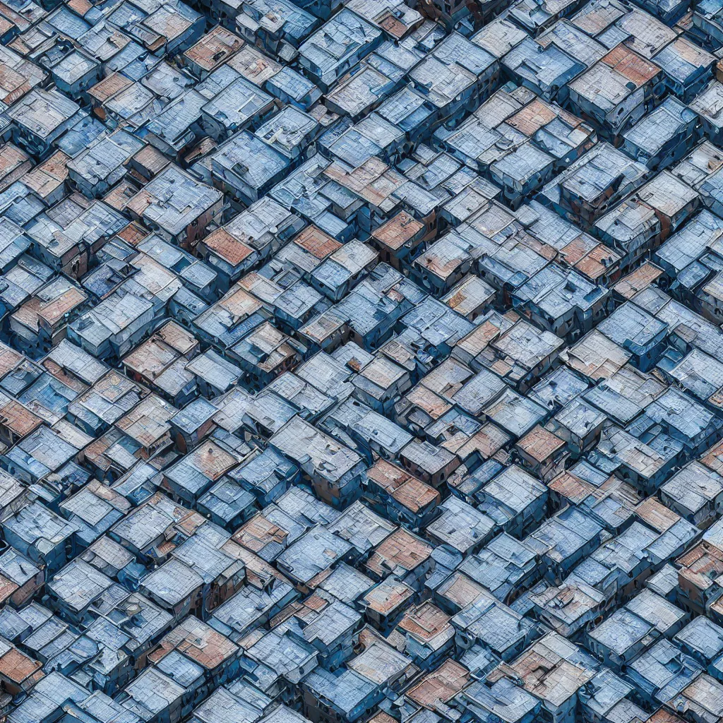 Prompt: photorealistic bird's eye view of single blue rooftop building, seamless texture of bricks on top of roof, 8k