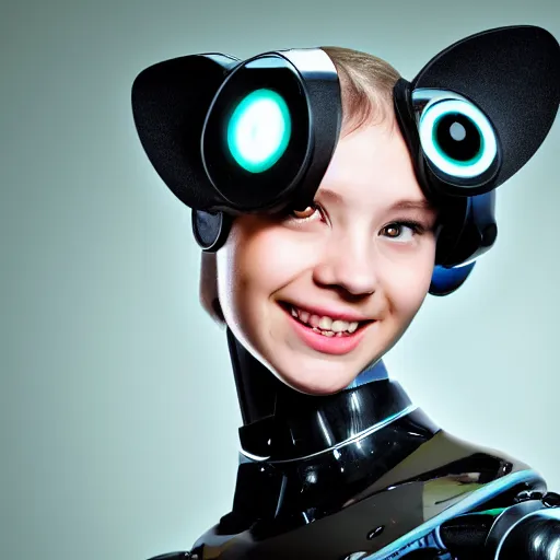 Image similar to cute young woman with robot ears and eyes, 4k, Jason Naylor