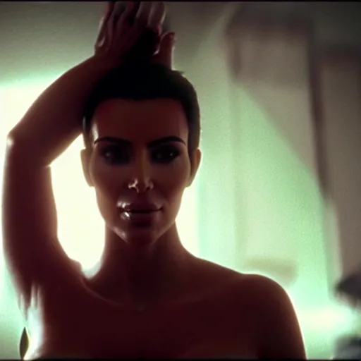 Image similar to film still of kim kardashian in the movie Alien, alien spider over her face as she struggles, spider webbed body, scary, cinematic full shot, full body pov, 4k.