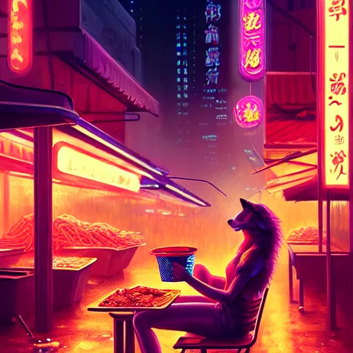 Prompt: splash art of anthropomorphic female vulpes vulpes fulva woman sitting at a noodle stand eating noodles in the crowded street of a cyberpunk city, rain, harsh neon lighting, realistic, ultra detailed, by greg rutkowski, wlop, sakimichan, artgerm