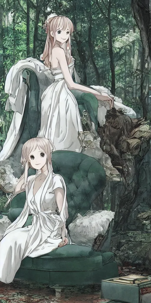 Prompt: an empress sitting by herself on a sofa in a forest wearing a white robe drawn by cloverworks studio, elegant, beauty, tarot card