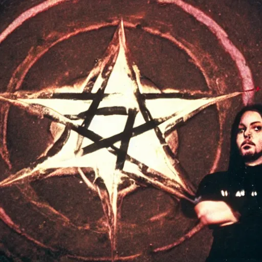 Prompt: a nu-metal musician using a pentagram to conjure the lord of metal music. Horror film production photo from the 1990s.