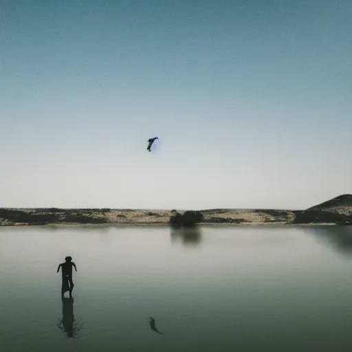 Image similar to Musty lake, single human figure floating in distance