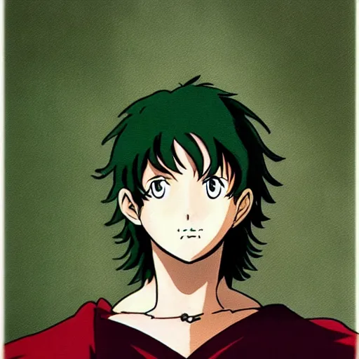 Image similar to pippin from the anime lord of the rings (1986), dark hair, green cape, studio ghibli, very detailed, realistic