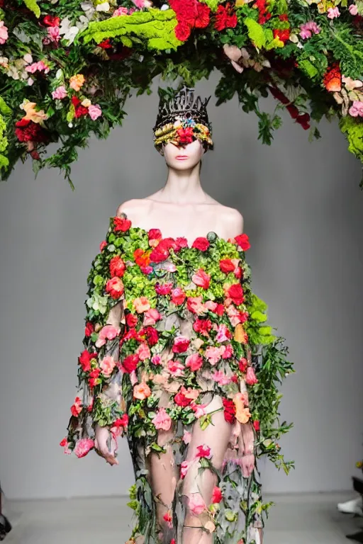 Image similar to beautiful model wearing valentino 2 0 1 4 cyber floral patterned layered dress fashion outfit, jeweled headpiece mystical crown, bright ruins environment background overgrown with flowers