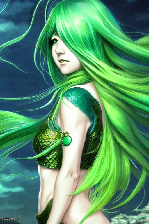 Image similar to beautiful green hair mermaid, anime style, scenery wallpaper aesthetic, vintage retro colors, cinematic, dramatic, super detailed and intricate, hyper realistic, 4 k render, by artgerm, by kyoung hwan kim, by ralph mcquarrie, by yoshiyuki tomino