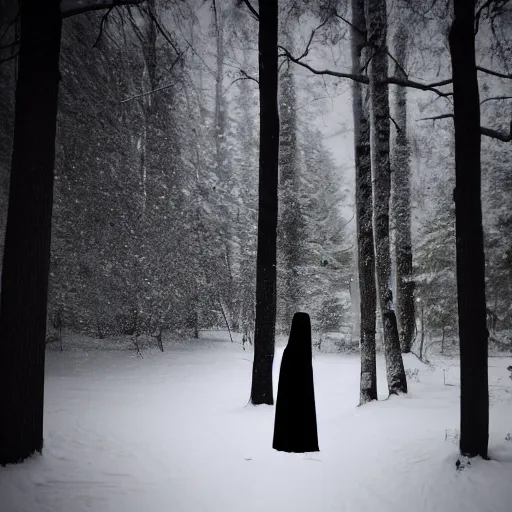 Image similar to lady dressed in a long black robe standing in the shadows of a snowy forest at night