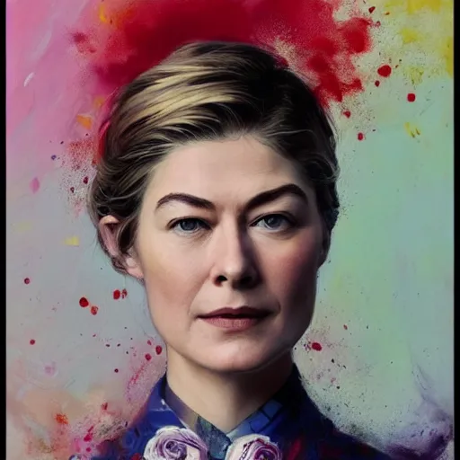 Prompt: rosamund pike as the doctor, dark - hair, wearing a colourful floral pattern suit, colourful, sharp focus, detailed face, artstation, art by jakub rozalski,