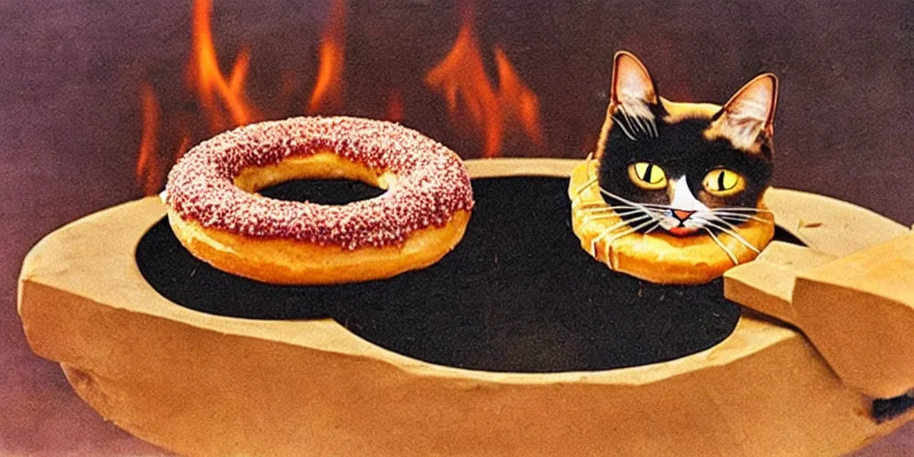 Image similar to a cat cooking a donut in a fire pit in the style of salvador dali