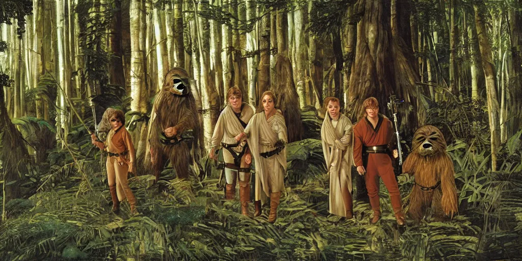 Image similar to luke skywalker, princess leia and han solo meet the ewoks in the forest of endor, in return of the jedi, a masterful painting by sandro botticelli, 4 k