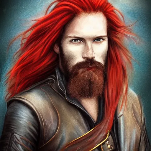 Image similar to portrait of a rugged!!!! male captain with long red hair!!!!!!, upper body, flowing hair, ethereal, handsome, smirk, leather coat, pirate!!!!!!!, ocean, D&D, fantasy, simple clothing!!!!, elegant, highly detailed, digital painting, deviantart, artstation, concept art, sharp focus, illustration, art by Artgerm and Greg Rutkowski and Alphonse Mucha