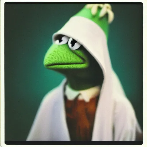 Prompt: Kermit the frog dressed as a Obi Wan, polaroid photo, instax, white frame, by Warhol,