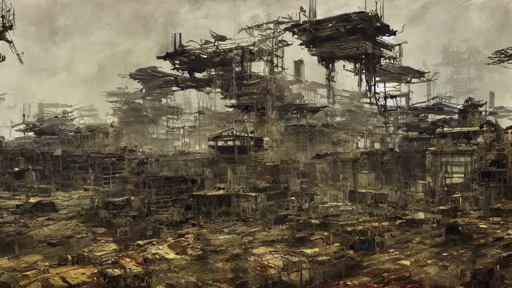 Image similar to post - apocalyspe settlement with houses, hydroponic farms, painted by tsutomu nihei, painted by eddie mendoza, painted by ilya repin