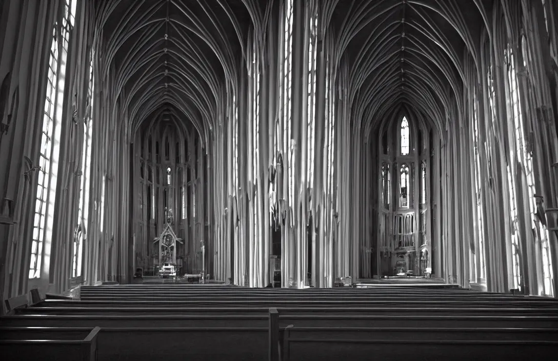 Image similar to symbolic animals line density is used for rendering light and shadow. the precision of drawing makes the final effect that of a shallow relief sculpture symbolic intact flawless ambrotype from 4 k criterion collection remastered cinematography gory horror film, ominous lighting, evil theme wow photo realistic postprocessing in this church interior, vertical lines suggest spirituality, rising beyond human reach toward the heavens. building by frank gehry