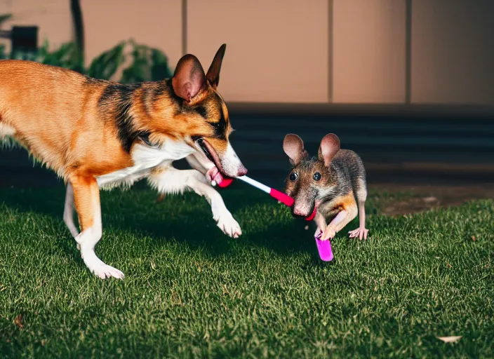 Image similar to photo still of a dog chasing a mouse while eating a popsicle, 8 k, 8 5 mm f 1. 8