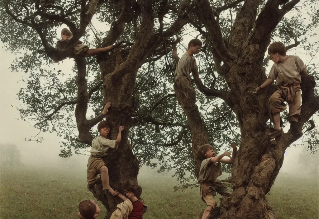 Prompt: two peasant boys climbing a tree, country style, Low angle view, Cottage core, Cinematic focus, Polaroid photo, vintage, neutral colors, soft lights, foggy, by Steve Hanks, by Serov Valentin, by Andrei Tarkovsky, 8k render, detailed, oil on canvas High angle view, wide shot,