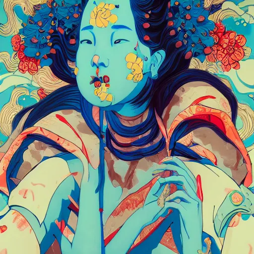 Image similar to james jean style, utagawa kunisada style, vfx art, unreal engine render, claymation style, colourful, volumetric light, digital painting, digital illustration, dramatic light,