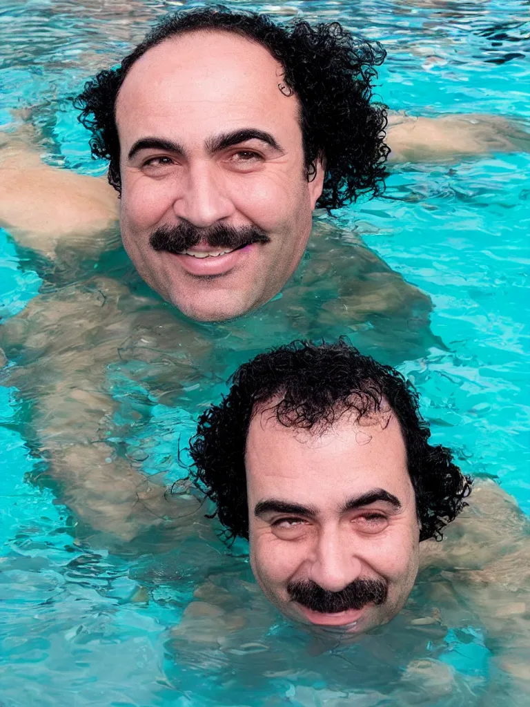 Image similar to a middle aged man, bulky build, thick black curly hair, receding hairline, big dark eyebrows, big lips, smiling, small eyes, no beard, under water, coral